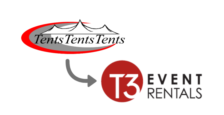 Tents Tents Tents Logo with an arrow going to T3 Event Rentals showing that we changed our name.