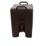 Available for rent at T3 Event Rentals in Dawsonville, the Large Cambro Drink Server is perfect for your beverage needs. This brown insulated dispenser features a foldable handle and bottom spigot for convenient pouring, and its top handles make it easy to carry throughout North Georgia events.