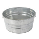 Rent the versatile Small Galvanized Tub, available in Dahlonega. This round, silver tub is crafted from durable galvanized metal and includes a shiny surface along with two small handles on opposite sides, making it perfect for holding water or other materials. Ideal for various needs and events in the Dahlonega area.