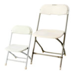 Discover the perfect seating solution for events in Atlanta with T3 Event Rentals. Our Kids Chair - White folds neatly alongside a larger adult folding chair, both designed with sturdy metal frames. Ideal for gatherings where you need seating that’s both reliable and complementary, our childrens version offers a slightly smaller scale than the adult chair. Remember, all items from T3 Event Rentals are available for rent only.