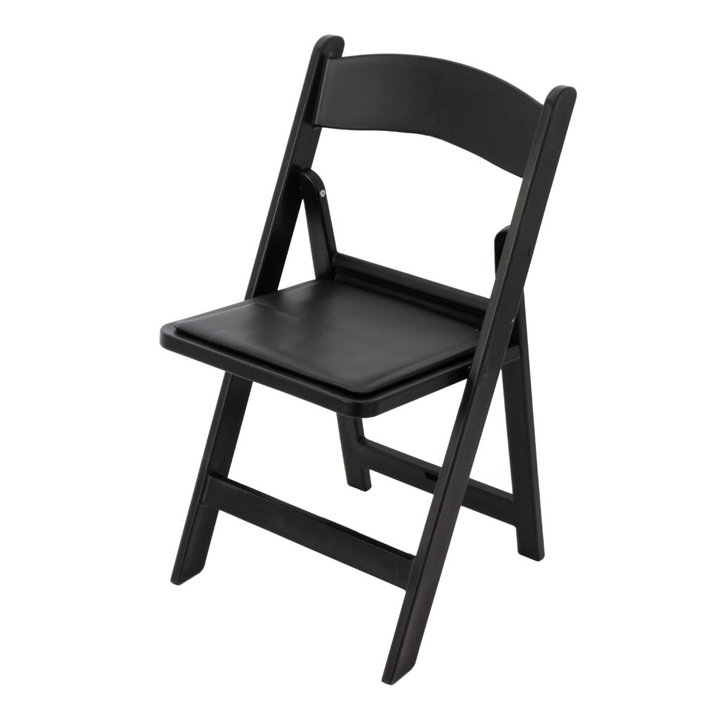 The Black Resin Folding Chair, with its curved backrest and rectangular wooden seat, is beautifully presented against a plain white background for T3 Event Rentals in Atlanta.