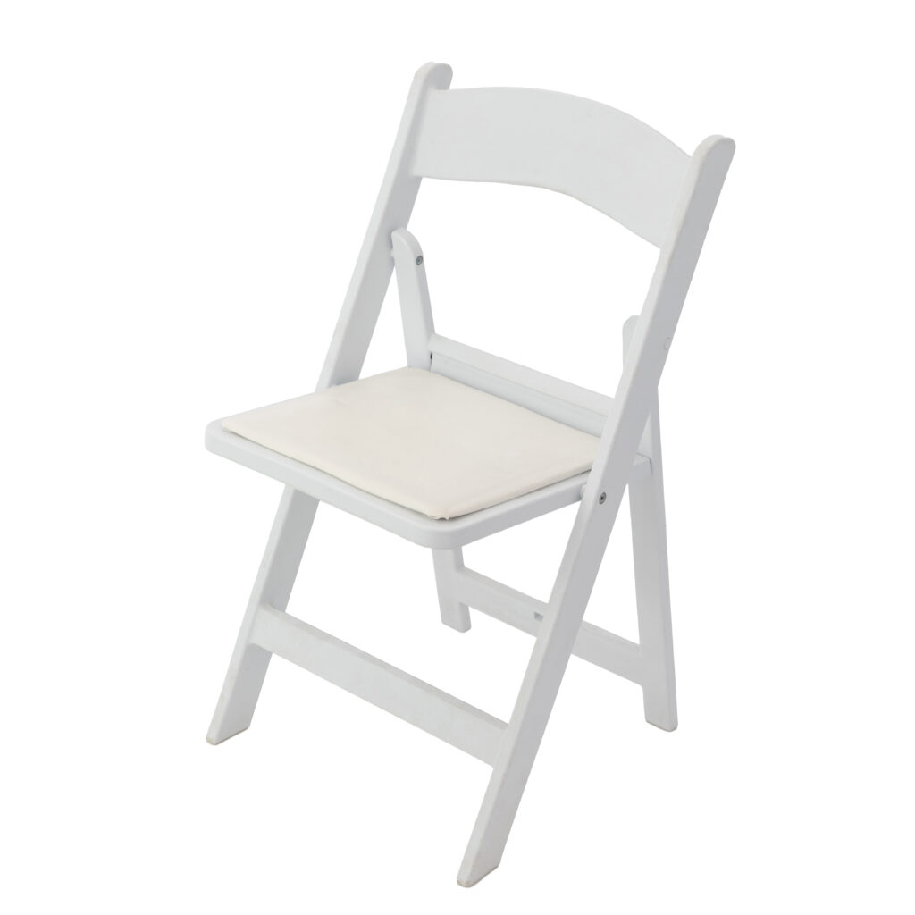 Discover the elegance of a white folding chair with a cushioned seat and arched backrest, set against a simple backdrop. This minimalist design pairs perfectly with the sleek Black Resin Folding Chair, providing versatile seating solutions for any event. T3 Event Rentals proudly serves Atlanta and offers an array of rental options to enhance your special day.