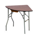 T3 Event Rentals offers the Rectangle Folding Table, featuring a brown wooden top with a black edge and foldable metal legs, ideal for small spaces or portable use in Dawsonville. Its stylish design is perfect for those seeking versatile folding tables. Photographed on a white background, this rental item is available through T3 Event Rentals.