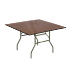 Experience the elegance of our Rectangle Folding Tables from T3 Event Rentals, featuring a dark brown wooden top and robust green metal legs, perfect for your next event in Atlanta. Beautifully set against a plain white backdrop, these rental tables add sophistication to any setting.