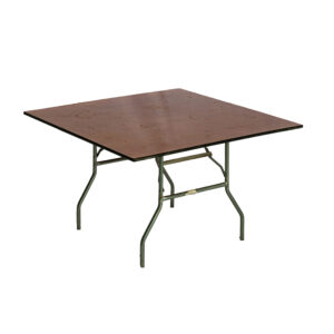 Experience the elegance of our Rectangle Folding Tables from T3 Event Rentals, featuring a dark brown wooden top and robust green metal legs, perfect for your next event in Atlanta. Beautifully set against a plain white backdrop, these rental tables add sophistication to any setting.