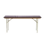 In Atlanta, discover the practicality of T3 Event Rentals Rectangle Folding Table, featuring a dark brown top and robust white metal legs. Ideal for your events, this rental piece stands out against a white background with its functional design.