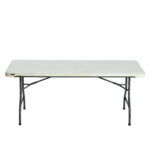 The Rectangle Folding Table, with sturdy metal legs, is displayed against a plain white background. This table rental, available from T3 Event Rentals, offers stability for any event in Forsyth County.