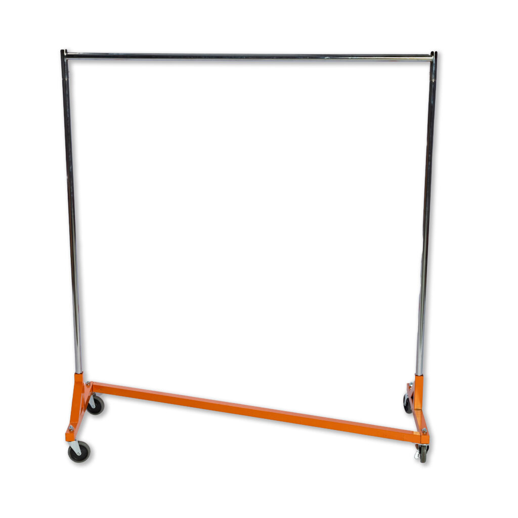 Introducing the Z Rack Rental from T3 Event Rentals, a versatile metal garment rack with an eye-catching orange base and four sturdy black wheels, perfect for any On Location Filming in Marietta. Its sleek horizontal bar effortlessly displays your clothes, making it an ideal choice for retail environments or home use in Marietta.