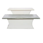 Our Delano Table and Delano Bar pictured together with both table top options displayed White and Metal.