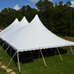 A scenic row of 20 Rope and Pole Tents featuring pointed peaks graces a lush green lawn in Forsyth County. These elegant rentals from T3 Event Rentals are surrounded by towering trees, with a charming stone path leading guests to the tents. In the background, a tranquil pond enhances the picturesque setting under a partly cloudy sky.