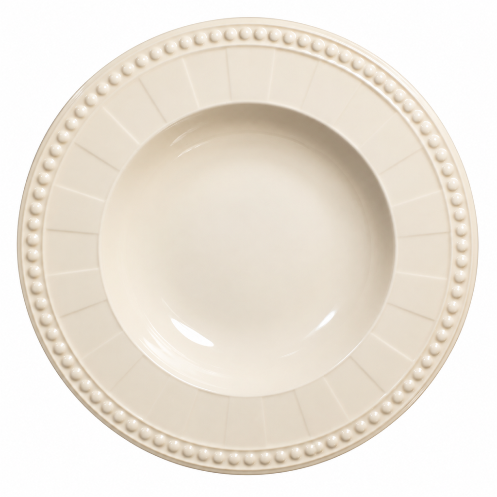 Venice Cream Soup Bowl with a beaded rim, rented by T3 Event Rentals