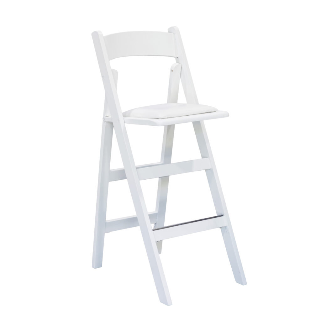 White folding bar stool with back and padded cushion.
