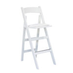 White folding bar stool with back and padded cushion.