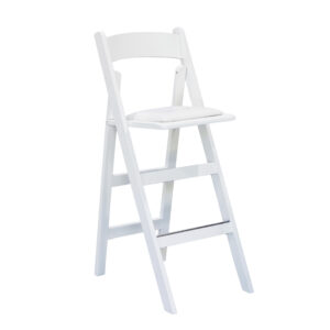 White folding bar stool with back and padded cushion.
