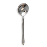 In the heart of Dawsonville, against a crisp white backdrop, a shiny stainless steel spoon with a round, deep bowl and slender handle reflects the elegance reminiscent of Stage Steps - 24 tall. Elevate your event with T3 Event Rentals, catering to all your rental needs in Dawsonville.
