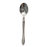 A gleaming stainless steel spoon with a slightly elongated handle mirrors the light, seamlessly blending with the 24 tall Stage Steps against a simple white backdrop. Perfect for events in Atlanta, this setup is available for rental from T3 Event Rentals.