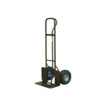 Discover T3 Event Rentals versatile black hand truck, featuring a robust metal frame and two sturdy wheels, ideal for efficient transportation tasks in Atlanta. This rental equipment, with its flat base design, is perfect for moving items like our Surge Protector Strip effortlessly. Make your next event a breeze with T3 Event Rentals in Atlanta!.
