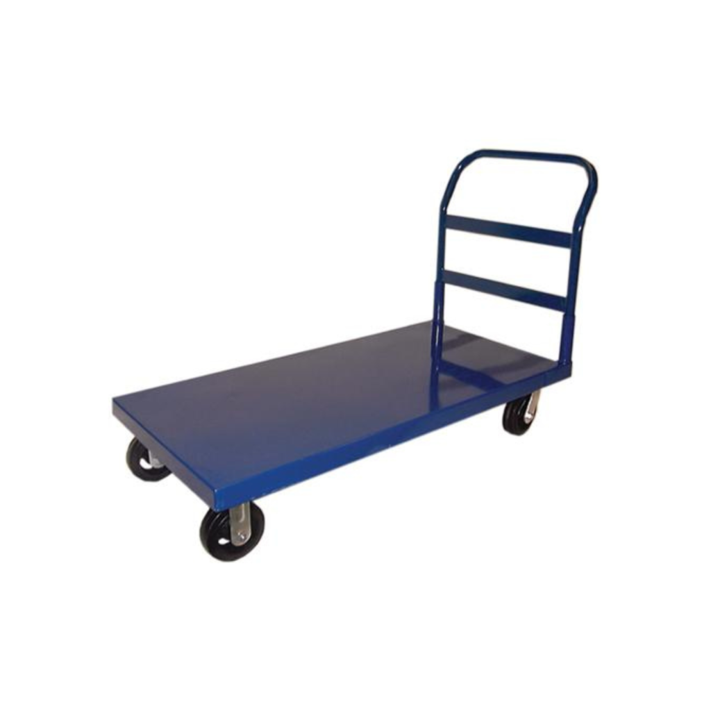 Discover the versatility of a blue flatbed utility cart with four wheels, complete with a handlebar and Surge Protector Strip on its spacious rectangular platform—ideal for transporting items. Against the stark white background, this rental item stands out perfectly. Available in Forsyth County through T3 Event Rentals, your premier choice for event equipment rentals in the area.