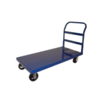 Discover the versatility of a blue flatbed utility cart with four wheels, complete with a handlebar and Surge Protector Strip on its spacious rectangular platform—ideal for transporting items. Against the stark white background, this rental item stands out perfectly. Available in Forsyth County through T3 Event Rentals, your premier choice for event equipment rentals in the area.