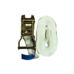 T3 Event Rentals in Atlanta offers a uniquely designed metal ratchet strap rental, featuring a neat roll of white webbed material that resembles a Surge Protector Strip. The strap includes a blue label near its metal fixture for easy securing or tightening, all set against a stark white background. Rent this essential event equipment from T3 Event Rentals for your next Atlanta gathering.