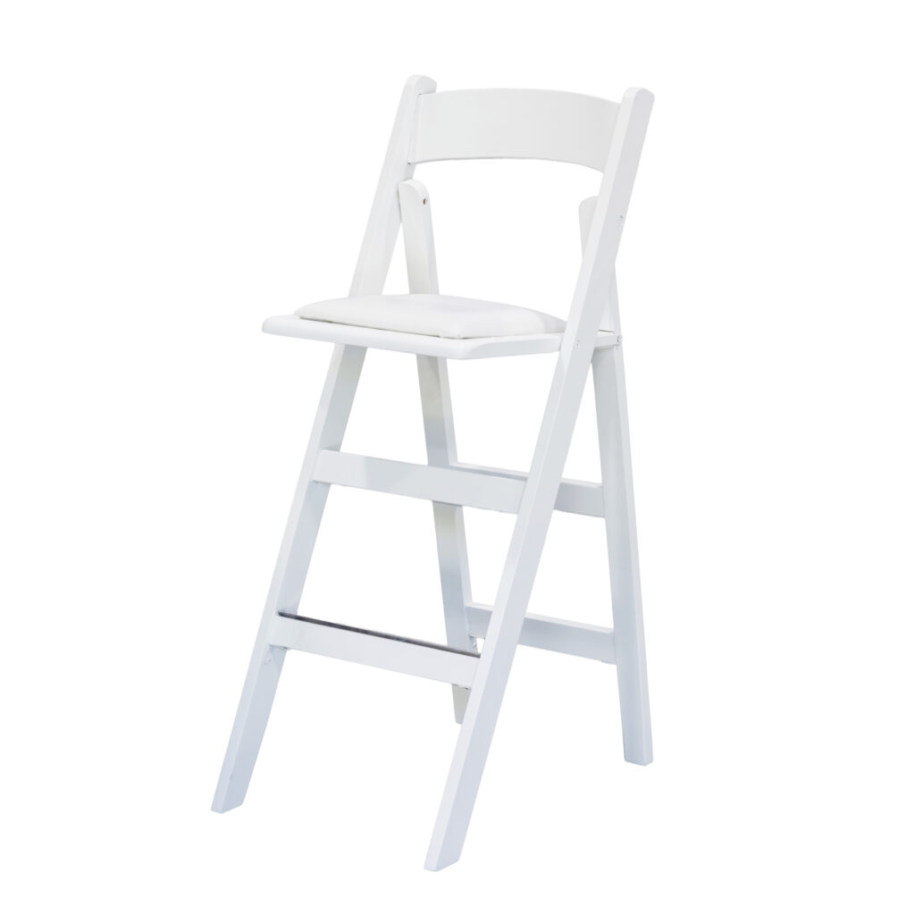 White folding bar stool with back and padded cushion.