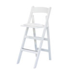 White folding bar stool with back and padded cushion.