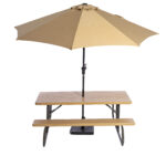 Experience the ultimate outdoor gathering with the 6 Folding Picnic Table, featuring attached benches and a large beige umbrella for shade. This sleek table, supported by a stylish black metal base, stands gracefully against a pristine white background. Available for rent in Atlanta through T3 Event Rentals, this setup is perfect for your next event. Nothing is for sale; everything is designed to make your occasion special with our quality rentals.
