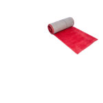 A partially unrolled Red Carpet Runner, with the remainder neatly rolled up, rests against a pristine white background, ready for your Dahlonega event. Enhance your occasion with T3 Event Rentals premium rentals, serving Dahlonega and surrounding areas.