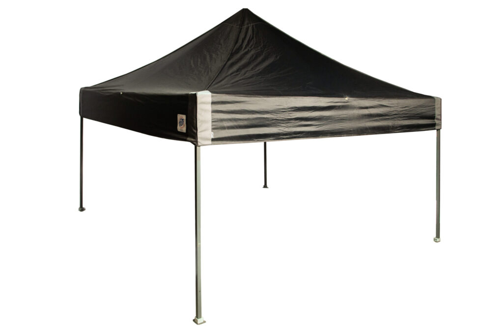 T3 Event Rentals proudly offers a 10x10 black popup tent, characterized by its peaked roof and robust metal legs, perfect for any occasion in Forsyth County. Set against a plain white background, this rental option is ideal for events in the North Georgia area. Count on T3 Event Rentals to provide reliable service and high-quality event equipment throughout Atlanta, Dawsonville, and Dahlonega.