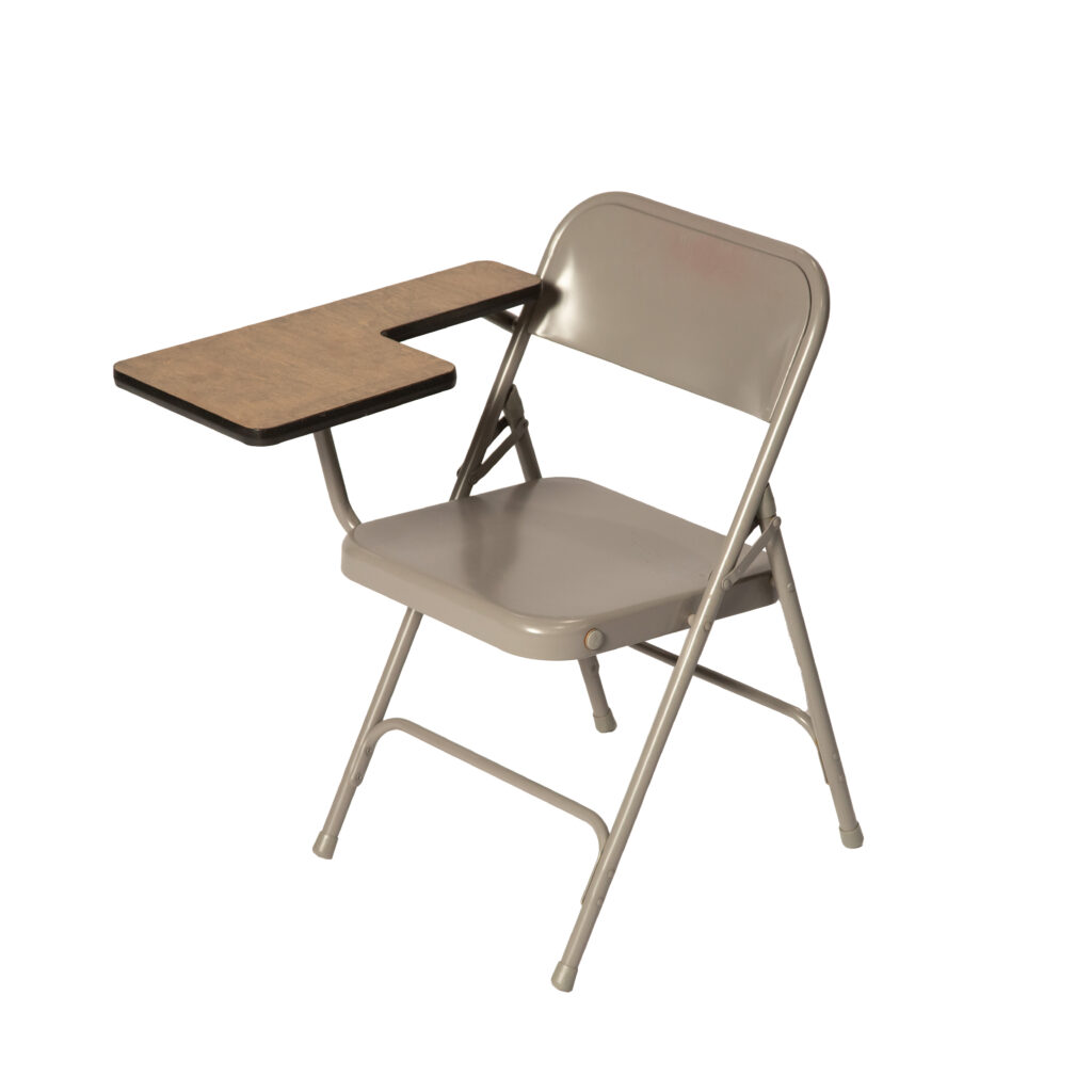 Experience ultimate convenience with T3 Event Rentals beige folding chair with a tablet desk, perfect for your event in Dawsonville. This elegant chair features a small wooden desk on the right that swings up for functionality, all beautifully set against a white background. Remember, all items are rentals and ready to enhance your next gathering in Dawsonville!.