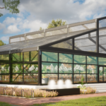 Experience the elegance of a modern, glass-walled event pavilion in Dawsonville, where lush greenery and clear blue skies provide a stunning backdrop. Step inside to find rows of chairs meticulously arranged for your special occasion, all provided by T3 Event Rentals. As you make your way up the entrance steps surrounded by decorative plants, know that T3 Event Rentals ensures every detail is perfect for events across North Georgia.