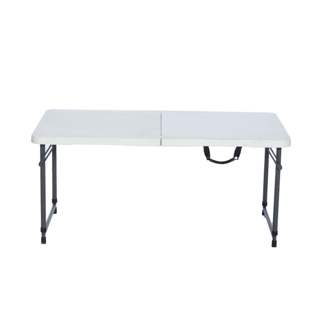 Rent a convenient 6'x30" adjustable height plastic folding table from T3 Event Rentals, perfect for your event in Atlanta. This table features a white rectangular surface and sturdy black metal legs. When folded, it includes a central carrying handle for easy transportation.