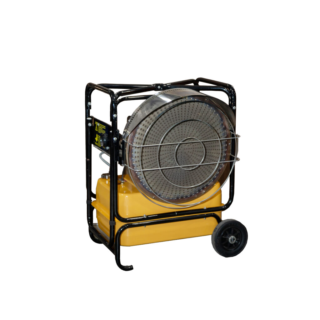 T3 Event Rentals offers the 111,000 BTU Diesel Heater for rental in Atlanta. This high-performance heater features a black metal frame and a large circular heating element, complemented by a convenient yellow base with wheels for easy transport. Perfect for events in Atlanta, it stands out beautifully against a plain white background. Contact T3 Event Rentals to ensure your event is comfortably warm with our quality rental equipment.
