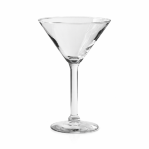 A pristine martini glass, featuring a wide brim and an elegant long stem, is artfully showcased against a simple white backdrop. Perfect for your event in Atlanta, this luxury glassware rental is offered by T3 Event Rentals.