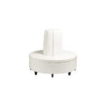 Elevate your next Atlanta event with this modern white circular upholstered bench rental from T3 Event Rentals. Featuring a raised cylindrical backrest in the center and sleek short black legs, this stylish seating option is perfect for weddings, corporate events, and parties. Rent this eye-catching piece from T3 Event Rentals to add a contemporary touch to your Atlanta celebration!.
