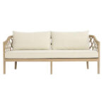 A beige cushioned wooden sofa with a lattice-patterned backrest and armrests available for rent from T3 Event Rentals in North Georgia, perfect for weddings and special occasions. All items are rentals only—nothing for sale. Shown against a crisp white background.
