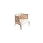 Elevate your next event in Forsyth County with T3 Event Rentals cream-colored upholstered armchair. Showcasing a classic wooden frame with intricate carved detailing, this rental piece features a curved back and tufted seat and backrest—perfect for adding elegance to any North Georgia celebration. Trust T3 Event Rentals in Forsyth County for the finest vintage-inspired chair rentals for weddings, showers, or corporate events.