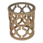 Lenox End Table with geometric wood base and clear glass top