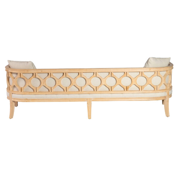 Back of Lenox Sofa with curved wood frame and geometric design