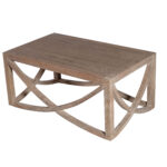 Roswell Coffee Table with weathered wood finish and curved geometric base, perfect for rustic and modern event lounges