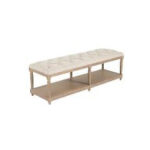 T3 Event Rentals offers a rectangular wooden bench with a cushioned seat and an open lower shelf for storage, featuring a light wood finish and minimalist design—perfect for events in Dawsonville. All items are available for rent only from T3 Event Rentals, serving the Dawsonville area.