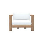 A stylish modern armchair featuring a light wood frame with white cushioned seat and backrest, available for rent from T3 Event Rentals in Forsyth County. Perfect for upscale events and weddings, this elegant chair is photographed from the front against a plain background. All items are rentals—contact T3 Event Rentals to elevate your next Forsyth County event!.
