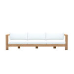 Minimalist wooden-frame sofa with white cushions, available for rent from T3 Event Rentals in Atlanta. This sofa features three plush seat and back cushions, pictured against a plain white background—the perfect rental choice for your next Atlanta event.