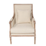 The Roswell Chair Ivory, available for rent from T3 Event Rentals, is a stylish upholstered armchair with a square cushion, wooden frame, and carved legs. Perfect for events in Atlanta, this rental piece is shown from the front against a white background. Elevate your Atlanta event decor with the Roswell Chair Ivory from T3 Event Rentals.