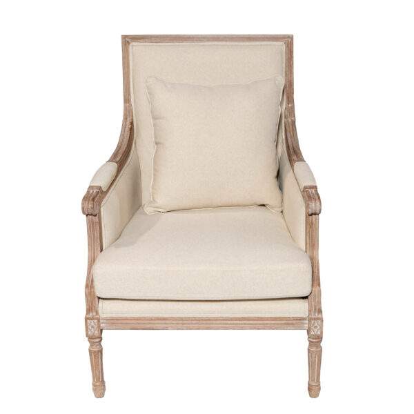 The Roswell Chair Ivory, available for rent from T3 Event Rentals, is a stylish upholstered armchair with a square cushion, wooden frame, and carved legs. Perfect for events in Atlanta, this rental piece is shown from the front against a white background. Elevate your Atlanta event decor with the Roswell Chair Ivory from T3 Event Rentals.