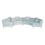 The Buckhead Sofa Tiffany, available for rent from T3 Event Rentals, is a stunning curved light blue velvet sectional with gold metal legs and five matching cushions—perfect for adding elegant style to your events in Dawsonville. All items are for rental only through T3 Event Rentals, serving the Dawsonville area. Shown on a white background, this Tiffany-inspired sofa elevates any Dawsonville celebration or gathering.