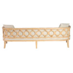 The Lenox Sofa-3ppl-Ivory, available for rent from T3 Event Rentals in Atlanta, features elegant beige upholstery, a natural wood frame, and striking circular geometric patterns on the backrest and sides. This image highlights the stylish design from the back, complete with two end cushions—perfect for elevating your next Atlanta event. All items are rentals only through T3 Event Rentals.