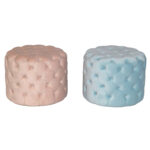 Side-by-side view of Buckhead Poufs in blush and tiffany velvet, fully upholstered from top to bottom for a soft, modern lounge look.