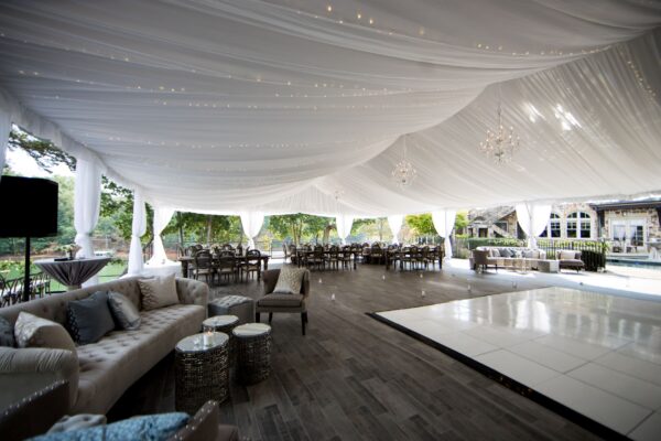 T3 Event Rentals in Dahlonega: twinkle lights, draped ceiling, chandeliers, and lounge seating rentals for stunning events.
