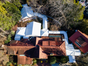 Arial shot of a custom tent installation for a backyard event